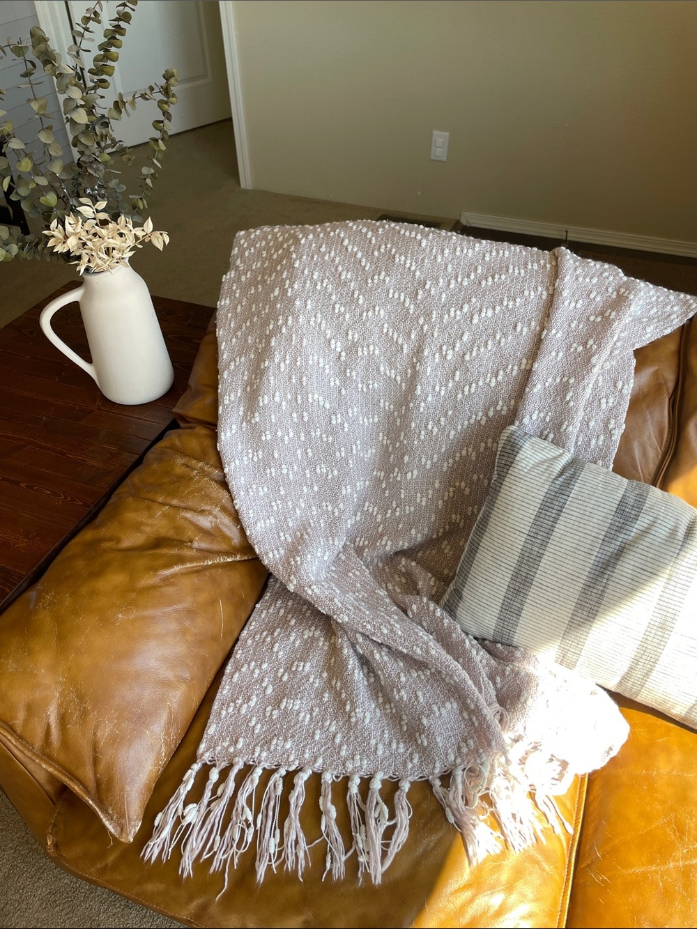 Christian Siriano Light Blush & White Chenille Throw with Fringe 58”x49” Hygge